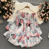 Fongt Vacation Word Shoulder Print Chiffon Jumpsuit Skirt Super Fairy Loose Broad Leg Pants Shorts Jumpsuit