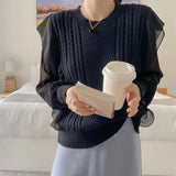 New 2022 Chic Korean Fashion Sweater Knitted Patchwork Chiffon Women Spring Autunm Elegant Ruffle Lady Tops