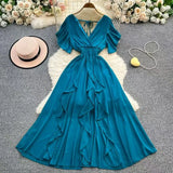 Fongt Niche Design Cross V Collar Small Flying Sleeves To Show Thin Chiffon Dress Super Fairy Leaves Side Dress