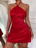 Jacquard Halter Dress Sleeveless Bodycon Satin Dresses Backless Zip High Waist Patchwork Summer Sexy Party Women