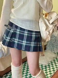 Women With Adjustable One-piece Belt Buckle Plaid Printed Pleated Mini Skirts 2023 Summer Retro Female Chic Bottoms-Outfit