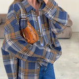 Fongt Women's Fall 2023 New Character Tattoo Long Sleeve Shirt Women's Casual Versatile Baggy Plaid Shirt-Outfit