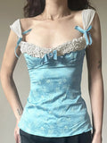 Fongt Age-Reduce Lace Bow Spliced Sling Vest Collar Print Blue Collar Knitted Shirt Top