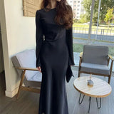 Fongt Women's New French Elegant Solid Color Round Collar Closed Waist Long Sleeve Temperament Winter