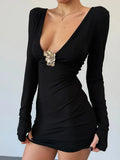 Deep V-neck Long Sleeve Bodycon Gold Applique Mini Dress-Outfit