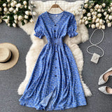 Dress Women's Aging Bubble Cuff Buckle Slimming Medium-Long Heart Machine Forked Retro Broken Flower Platycodon Grandiflorum Skirt-Outfit