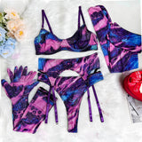 Mesh Printed Tie Dye Lingerie Set With Stocking Sleeve-Outfit