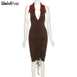 Puss Deep V-Neck Dresses Women Leather Turn-Down Collar Shirring Ruched Backless Skinny Bodycon Elastic Fashion