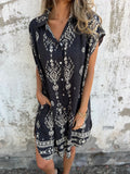 Fongt New Summer Loose Leisure Short-Sleeved Cotton Shirt Pocket Print Dress Woman