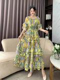 Fongt Early Autumn Collared Flakes And Snowflake Cake Skirt Seven-Sleeved Luxury Dress