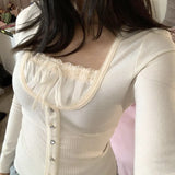 Spring And Summer New Women's Wear Solid Color Lace Edge Retro Sweet Square Collar
