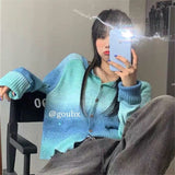 Gradients Pink Cardigan Korean Autumn Winter Long Sleeve Knitted Sweater Casual Streetwear Pullover