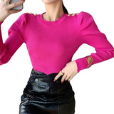 Puff Long Sleeve Knitted Sweater Pullovers Girls Solid Buttons O-neck Streetwear Winter Sweaters Tops Jumpers Women-Outfit