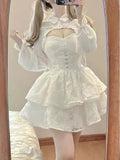 Kawaii Lolita Dress Women Elegant Sweet Lace Ruffles White Strap Dresses Sexy Korean Fashion Birthday Party Fairy Dress-Outfit