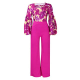 Fongt Large-Size Women's New Fashion Print Strapped With Broad Leg Pants Two-Set Set