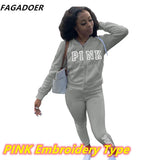 Casual Tracksuits Women Solid Two Piece Set Women Plus Size Pink Letter Embroidery Zipper Hoody Coat + Pants Sets