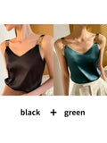 Women's T-shirt Silk Metal Buckle V-neck Vest Elegant Temperament Halter Top Solid Camis Black SATIN Sexy Off The Shoulder