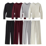 Fongt Double-Sided Cloth Body Round-Neck Long-Sleeved Head-Dressed Tight High-Waisted Straight Trousers Casual Suit Woman