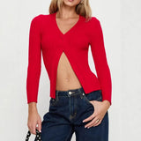 Fongt 2025 New Knitted Top Women's Clothing Pure Color Collar Shoulder Long-Sleeved Cover Sweater Woman
