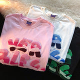 Street Kawaii Pink Flock Embroidery T Shirts Women Girls Summer Cotton O-neck Tops Large Size 2XL Harajuku Hip Hop