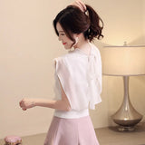 Fongt Soft Skin-Friendly Stand Collar Black Thin Chiffon Top-Outfit
