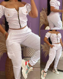 Fongt Summer Women's White One-Line Shoulder Short Sleeve Bag Jacket Suit Slacks 2