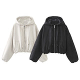 New Suede Texture Effect Short Hooded Jacket 3046833-Outfit