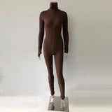 2021 Fall Rib Women Brown Rompers High Neck Soft Bodycon Jumpsuit Lady Birthday Long Sleeve Overalls Stretchy