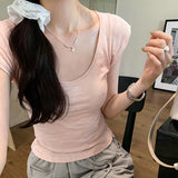 Low Round Collar Solid Color Short-Sleeved T-Shirt Women's Early Spring New U-Collar Slub Cotton Slim And Thin Bottom