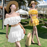 Vacation Wind One Word Shoulder Short Jacket Wrapped Hip Cake Skirt Women Summer Seaside Vacation Two-Piece Set-Outfit