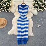 Fongt Slimming Striped Tuxedo Sweater Dress With Thin Knitted Dress Temperament Elegant