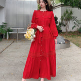 Fongt Wooden Ear Collar Buckle Tie With Long Hollow Lace Splicing French Bubble Sleeve Dress