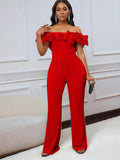 Fongt Women's Sexy Tight Solid Color Collar Lotus Side Shoulder Short-Sleeved Jumpsuit