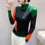 Women's Autumn Winter Long Sleeve Turtleneck Mesh T-shirts Female's Positioning Printing Tee Top FF0851-Outfit