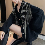 Clothing Stylish Tassel Beading Jackets Spring Autumn Korean Long Sleeve Lapel Casual Loose Single-breasted Denim Coats-Outfit
