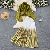 Fongt Wrinkled Butterfly Sleeve Gradient With Shawl Short Coat Top + Gradient 100 Folded Skirt Two-Piece Suit