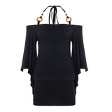Fongt Shoulder Design Beads With Hanging Neck Horn Sleeve Tops The Folding Tight Waist Thin Knitting Temperament Top