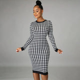 Fongt Spring 2023 New Long-Sleeved Round Collar Back Hollow Print Temperament Slim Skirt-Outfit