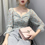 Summer Floral Crop Top Women Slim V Neck Long Sleeve Pleat Blusas Chiffon Shirts Korean