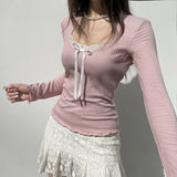Aesthetic Lace Trim Bow Long Sleeve Tee-Outfit