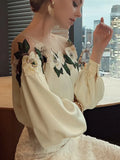 Embroidered Flower Blouse Woman Mesh Patchwork Spring Satin Shirt Lady O-neck Tops Long Sleeve Women's Clothes