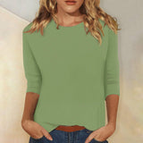 Fongt Women's Top With A Round Collar Seven-Sleeve Solid Color T-Shirt-Outfit