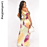 New Temperament Casual Dress Sexy Sleeveless Slanted Shoulder Vibrant Color Gradient Slit Dress-Outfit