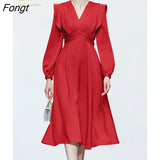 Han Queen Women's 2020 Autumn OL Work Dress Puff Sleeve Simple Slim A-Line Business Casual Dresses Korean Occupation