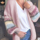 Fongt New Sweater Striped Mare Hairy Open Shirt Autumn And Winter Knitted Long-Sleeved Coat Women's