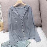 Knitted Hooded Cardigans For Women Summer Thin Long Seeve Sunscreen Shirt Single Breasted Solid Knitwear Coat Tops