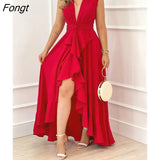 Hem Split Thigh Party Dress Women Sexy Deep V Neck Sleeveless Maxi