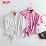 Women High Quality Bow Crop Shirt Summer Blouse Short Sleeve Chic Female Tops