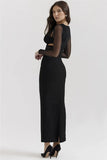 Mesh Long Sleeve Bodycon Deep Neck Maxi Dress-Outfit