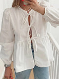 Women Shirts Long Sleeve Front Split Tie-up Loose Casual Solid Elegant Spring Fall Tops OL Solid/Striped Print Blouse-Outfit